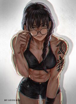 Rule 34 | 1girl, abs, absurdres, adjusting eyewear, arm tattoo, axeilden, black-framed eyewear, black bra, black eyes, black pants, bra, braid, braided ponytail, breasts, collarbone, commentary, dark-skinned female, dark skin, english commentary, eyewear pull, feet out of frame, hair over shoulder, hand up, highres, large breasts, long hair, looking over eyewear, muscular, muscular female, pants, round eyewear, solo, standing, tattoo, underwear