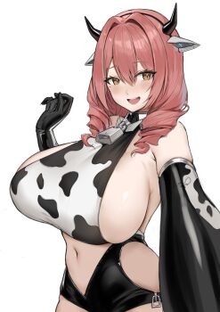 1girl :d absurdres animal_ear_hairband animal_ears animal_print azur_lane bare_shoulders bell bikini bikini_top_only black_gloves black_leotard blush breasts brown_eyes brown_hair clothing_cutout commentary cow_ears cow_horns cow_print cow_print_bikini cow_print_gloves cowbell cowboy_shot cowpens_(azur_lane) drill_hair elbow_gloves fake_animal_ears fake_horns gloves hair_between_eyes hair_intakes hairband hand_up highres horns huge_breasts leotard looking_at_viewer mole mole_under_eye navel neck_bell open_mouth print_bikini print_gloves selfie shidiancijianongpao sideboob sidelocks simple_background smile solo standing stomach stomach_cutout swimsuit teeth twin_drills upper_teeth_only white_background