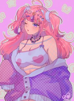 1girl absurdres ahoge alternate_costume bandaid bandaid_hair_ornament bare_shoulders bead_necklace beads bell blunt_bangs bone_hair_ornament bow bow_bra bra breasts button_hair_ornament buttons checkered_bow checkered_clothes checkered_jacket choker chromatic_aberration cleavage commentary cowboy_shot crop_top cropped_shirt english_commentary facial_mark fang fishnet_top fishnets food-themed_hair_ornament hair_ornament hair_tie heart heart_button heart_facial_mark heart_hair_ornament heart_in_eye heart_print highres indie_virtual_youtuber ironmouse jacket jacket_partially_removed jewelry kokomi_(aniesuakkaman) large_breasts lollipop_hair_ornament long_hair looking_at_viewer multicolored_hair neck_bell necklace one_eye_closed open_mouth outline partially_unbuttoned pink_background pink_bow pink_choker pink_hair pink_jacket pink_trim pointy_ears purple_bow purple_eyes purple_hair purple_jacket simple_background skin_fang skull_hair_ornament solo sparkle spiked_choker spikes standing star_(symbol) star_facial_mark strawberry_hair_ornament streaked_hair symbol_in_eye two-tone_hair two_side_up underwear virtual_youtuber white_bra white_outline x_hair_ornament
