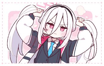 >:( 1girl black_hairband black_jacket black_vest blue_archive blue_necktie blush closed_mouth collared_shirt commentary_request hair_between_eyes hairband halo jacket kei_(blue_archive) kei_(new_body)_(blue_archive) long_hair long_hair_between_eyes long_sleeves looking_at_viewer necktie open_clothes open_jacket outline pink_background pink_halo portrait rectangular_halo red_eyes ringed_eyes shirt sidelocks solo twintails v-shaped_eyebrows vest white_hair white_outline white_shirt yoru_nai