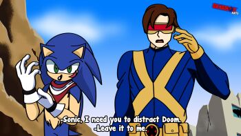2boys absurdres commentary crossover cyclops_(x-men) english_commentary highres male_focus marvel multiple_boys non-web_source self-upload sonic_(series) sonic_the_hedgehog x-men