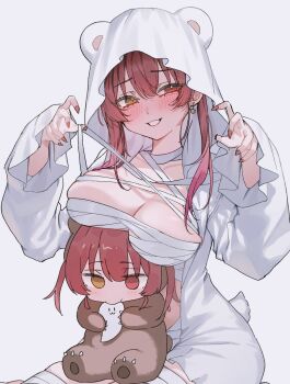 1girl :d animal_hood bandaged_chest bandaged_leg bandages bear_hood breasts claw_pose cleavage commentary_request earrings grin heterochromia highres hololive hood hooded_jacket houshou_kumarine houshou_marine jacket jewelry large_breasts long_hair looking_at_viewer nail_polish open_mouth red_eyes red_hair red_nails simple_background smile solo takeno_omoti virtual_youtuber white_background white_jacket yellow_eyes