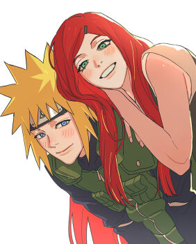 1boy 1girl black_shirt blonde_hair blue_eyes blush closed_mouth couple dress flak_jacket geonseung green_dress green_eyes green_vest grin hair_ornament hairclip hetero jacket konohagakure_shinobi_uniform konohagakure_symbol leaning_on_person long_hair namikaze_minato naruto_(series) parted_lips red_hair shirt shirt_under_dress short_hair smile spiked_hair swept_bangs teeth upper_body uzumaki_kushina vest white_background white_shirt