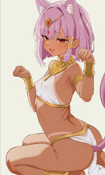 1girl anal_beads anal_tail ancient_egyptian ancient_egyptian_clothes animal_ears breasts butt_plug cat_ears cat_girl cat_tail covered_erect_nipples dark-skinned_female dark_skin fake_tail grey_background hair_tubes highres indie_virtual_youtuber loli looking_at_viewer mikeneko_(vtuber) nipples open_mouth paw_pose pelvic_curtain pink_hair red_eyes salacia014 sex_toy short_hair simple_background small_breasts smile solo tail tan tanline usekh_collar virtual_youtuber