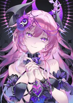 1girl black_dress cyrene_(honkai:_star_rail) diamond-shaped_pupils diamond_(shape) dress hair_ornament honkai:_star_rail honkai_(series) nail_polish pink_hair pink_pupils pointy_ears purple_nails smile solo sovereignteam spider_web_hair_ornament symbol-shaped_pupils upper_body