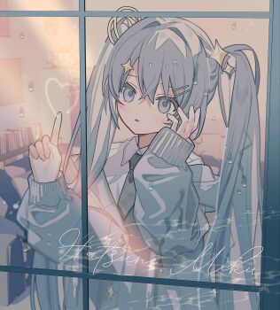 1girl hair_between_eyes hair_ornament hatsune_miku heart highres long_hair moo_n_moko necktie open_mouth solo very_long_hair vocaloid window