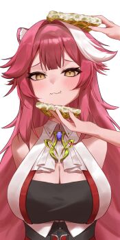 1girl :3 animal_ears arms_behind_back bare_shoulders blue_gemstone blush bread breasts cleavage closed_mouth collarbone collared_shirt commentary crumbs focaccia food gem hair_intakes highres hololive hololive_english large_breasts long_hair multicolored_hair panther_ears panther_girl pink_hair raora_panthera raora_panthera_(1st_costume) ravennvi shirt simple_background smile solo_focus streaked_hair virtual_youtuber white_background white_shirt yellow_eyes