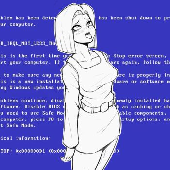 1girl ahegao android_18 arms_at_sides belt belt_buckle blue_screen_of_death blush breasts buckle cowboy_shot cyborg donburi_(donburikazoku) dragon_ball dragonball_z english_text female_focus highres legs_together looking_away looking_up mind_break outline pussy_juice pussy_juice_trail short_hair small_breasts solo standing text_background tongue tongue_out white_outline