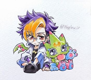 1boy black_shirt blonde_hair blue_hair blue_pants chibi commentary_request crescent digimon digimon_beatbreak gecko gekkomon glasses grey_hair jacket male_focus multicolored_hair pants purple_eyes round_eyewear saku_teru shirt short_hair sitting tenma_tomoro tongue tongue_out twitter_username two-tone_hair waving white_jacket