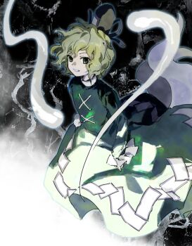 Rule 34 | 1girl, dress, floating, floating clothes, floating hair, full body, ghost tail, green dress, green eyes, green hair, hat, kaigen 1025, looking at viewer, ofuda, ofuda on clothes, short hair, smile, soga no tojiko, sperm cell, spirit, tate eboshi, ten desires, touhou