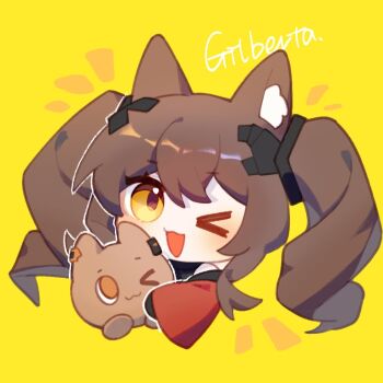 Rule 34 | 1girl, :3, :d, alternate eye color, angelina (arknights), animal ear fluff, animal ears, animalization, arknights, arknights: endfield, brown hair, chibi, coat, commentary, creature, cropped shoulders, fox ears, fox girl, gilberta (arknights), headpiece, holding, holding creature, kuroba ying, light blush, looking at viewer, off shoulder, one eye closed, open mouth, red coat, smile, solo, twintails, untranslatable commentary, upper body, yellow background, yellow eyes