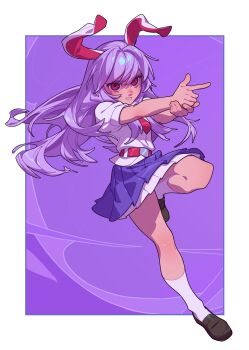 1girl animal_ears belt blue_skirt border brown_footwear color_wheel_challenge finger_gun full_body highres layered_skirt long_hair making-of_available miniskirt multiple_drawing_challenge necktie pleated_skirt puffy_short_sleeves puffy_sleeves purple_background purple_hair purple_theme rabbit_ears rabbit_girl red_belt red_eyes red_necktie reisen_udongein_inaba shirt short_sleeves skirt socks soemy standing standing_on_one_leg teeth touhou white_border white_shirt white_socks