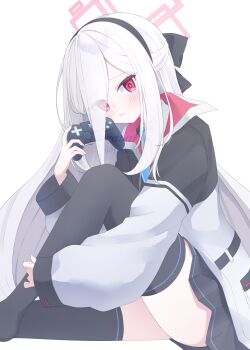 1girl black_jacket black_thighhighs blue_archive blue_necktie commentary_request grey_hair grey_skirt hair_between_eyes halo highres jacket kei_(blue_archive) kei_(new_body)_(blue_archive) long_hair long_hair_between_eyes multicolored_jacket necktie pink_eyes pink_halo simple_background skirt solo thighhighs thighs trsko_o two-tone_jacket white_background white_jacket