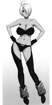 Rule 34 | 1girl, angel (kof), boots, bra, breasts, female focus, gloves, hands on own hips, highres, large breasts, leather, looking at viewer, panties, pepsitou, shoes, short hair, smile, st.germain-sal, standing, the king of fighters, thighs, underwear, white hair