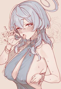 1girl ako_(blue_archive) ako_(dress)_(blue_archive) arched_back aroused backless_dress backless_outfit blue_archive blue_dress blue_eyes blue_hair blue_halo blush bouncing_breasts breast_lift breasts cleavage covered_erect_nipples cuffs dress drooling fellatio_gesture half-closed_eye half-closed_eyes halo handjob_gesture heart heavy_breathing highres hina_(blue_archive) large_breasts looking_at_viewer motion_lines naughty_face nipples official_alternate_costume ok_sign open_mouth oral_invitation plunging_neckline saliva bad_tag sexually_suggestive shackles sideboob sideless_dress single_handcuff steam suujiniku sweat tongue tongue_out underboob