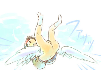 1boy angel angel_wings ass ass_focus back backpack bag bare_back bare_legs black_hair blush bone_(artist) child covering_crotch covering_privates from_above hat huge_ass legs male_focus mother_(series) mother_2 ness_(mother_2) nintendo no_male_underwear open_mouth pale_color prince shirt shota smile socks source_request super_smash_bros. sweat sweatdrop white_socks wings yaoi