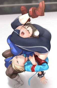 2girls absurdres ass blonde_hair blue_jacket bracelet breasts brown_hair cammy_white capcom chun-li closed_eyes double_bun full_body gloves hair_bun highres jacket jewelry kineluchs large_breasts moaning multiple_girls muscular muscular_female pain pants red_footwear scissorhold short_hair spiked_bracelet spikes standing street_fighter street_fighter_6 submission_hold thick_thighs thighs tight_clothes tight_pants white_footwear wrestling wrestling_ring