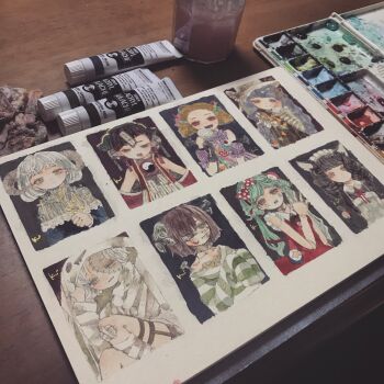 Rule 34 | 6+girls, acrylic paint (medium), animal ears, art supplies, bandages, black hair, blonde hair, blue hair, blunt bangs, blush, bow, bowtie, bracelet, braid, brown hair, candy, cat ears, choker, closed eyes, closed mouth, commentary request, cross, curly hair, doll, dress, earrings, eyepatch, food, frills, glasses, gloves, green hair, grey hair, hair bow, hair ornament, hair ribbon, hairclip, halloween, headband, highres, horns, indoors, jewelry, karintoun, lace, lollipop, long hair, long sleeves, looking at viewer, maid, maid headdress, medium hair, multicolored eyes, multicolored hair, multiple girls, necklace, open mouth, original, paint, paint palette, painting (medium), parted lips, photo (medium), portrait, puppet, ribbon, scar, shadow, short hair, signature, simple background, single horn, sketchbook, smile, star (symbol), stitches, straight-on, striped background, striped clothes, striped dress, striped sleeves, tears, traditional media, twintails, watercolor (medium), wavy hair, white hair, yin yang