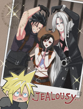 1girl 3boys armor bare_shoulders belt belt_buckle biting_own_lip black_coat black_gloves black_hair blonde_hair blue_eyes blush brown_hat brown_skirt brown_vest buckle chest_height chest_strap cloud_strife coat commentary cowboy_hat cowboy_shot cowgirl_(western) crisis_core:_final_fantasy_vii crop_top final_fantasy final_fantasy_vii finger_heart gloves green_eyes grey_hair grin hands_on_own_cheeks hands_on_own_face hat heart_arms heart_arms_duo height_difference highres jealous long_hair looking_at_viewer midriff multiple_belts multiple_boys navel open_mouth parted_bangs photo_(object) red_eyes ribbed_sweater sephiroth shikiwo short_hair shoulder_armor skirt sleeveless sleeveless_turtleneck smile sparkle spiked_hair suspenders sweater tifa_lockhart tifa_lockhart_(cowgirl) turtleneck turtleneck_sweater upper_body very_long_hair vest zack_fair