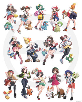 Rule 34 | 6+girls, absurdres, akari (pokemon), ass, backpack, bag, bandana, baseball cap, beanie, bell-bottoms, belt, bike shorts, bike shorts under shorts, black hair, black pantyhose, black shirt, black thighhighs, black vest, blonde hair, blue eyes, blue hair, blue pants, blue shirt, blush, boots, braid, breasts, brown eyes, brown hair, bucket hat, bulbasaur, cardigan, chikorita, closed mouth, collarbone, collared shirt, commentary request, cutoffs, dawn (pokemon), denim, denim shorts, donut hair bun, double bun, dress, eevee, elaine (pokemon), exposed pocket, eyelashes, eyewear on headwear, fanny pack, fennekin, floral print, full body, galaxy team survey corps uniform, gen 1 pokemon, gen 2 pokemon, gen 3 pokemon, gen 4 pokemon, gen 5 pokemon, gen 6 pokemon, gen 7 pokemon, gen 8 pokemon, gloria (pokemon), gloves, gonzarez, green hat, green jacket, green shorts, grey cardigan, grey eyes, hair bun, hair ornament, hairclip, harmony (pokemon), hat, headscarf, high ponytail, highres, hilda (pokemon), holding, hood, jacket, jewelry, juliana (pokemon), kris (pokemon), large breasts, leaf (pokemon), long hair, long sleeves, looking at viewer, loose socks, lyra (pokemon), may (pokemon), medium breasts, mega ring, multiple girls, naranja academy school uniform, necktie, nintendo, open clothes, open jacket, open mouth, open vest, orange necktie, orange shorts, oshawott, pants, pantyhose, pantyhose under shorts, pink boots, pink dress, pink hat, piplup, poke ball, poke ball (basic), poke ball print, pokemon, pokemon (creature), pokemon black and white, pokemon black 2 and white 2, pokemon diamond/pearl/platinum, pokemon firered and leafgreen, pokemon gold/silver/crystal, pokemon heartgold and soulsilver, pokemon legends: arceus, pokemon legends: z-a, pokemon: let's go pikachu! and let's go eevee!, pokemon ruby/sapphire/emerald, pokemon sun and moon, pokemon scarlet and violet, pokemon sword and shield, pokemon x and y, ponytail, porkpie hat, raglan sleeves, red bandana, red belt, red hat, red scarf, red shirt, red skirt, revision, ribbed socks, rosa (pokemon), rowlet, sash, scarf, school uniform, scorbunny, selene (pokemon), serena (pokemon), shirt, shoes, short hair, short sleeves, shorts, shorts under shorts, sidelocks, simple background, skirt, sleeveless, sleeveless shirt, smile, snivy, socks, sprigatito, sunglasses, t-shirt, tam o' shanter, tepig, thighhighs, tied shirt, torchic, totodile, twintails, vest, visor cap, white-framed eyewear, white background, white hat, white headscarf, white shirt, white socks, wristband, yellow bag, yellow hat, yellow shirt, yellow shorts