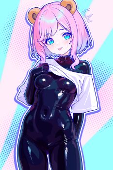 1girl absurdres animal_ears arm_behind_back artist_name bear_ears black_bodysuit black_choker blue_eyes bodysuit breasts choker closed_mouth clothes_lift cowboy_shot finn_flint highres indie_virtual_youtuber latex latex_bodysuit looking_at_viewer outline pink_hair purple_outline sati_akura shirt shirt_lift short_hair sidelocks small_breasts smile t-shirt variant_set virtual_youtuber white_outline white_shirt