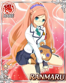 armband blue_eyes blue_skirt braid breasts button_eyes buttons card_(medium) closed_mouth glasses green_necktie hair_ornament hair_scrunchie half_up_half_down_braid holding holding_stuffed_toy jacket kumapooh_(senran_kagura) long_hair medium_breasts necktie orange_hair pleated_skirt purple_scrunchie ranmaru_(senran_kagura) red_armband school_uniform scrunchie senran_kagura senran_kagura_new_wave sitting skirt smile stuffed_animal stuffed_toy teddy_bear toritsu_hakuou_academy_school_uniform very_long_hair white_jacket