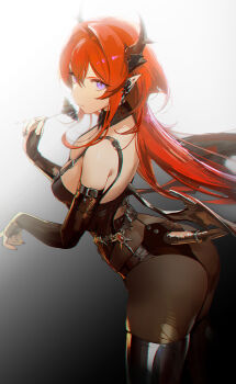 1girl :t absurdres arknights ass bare_shoulders black_gloves black_horns black_pantyhose black_thighhighs black_wings breasts closed_mouth commentary demon_horns demon_tail demon_wings drive_shot eating elbow_gloves fingerless_gloves gloves hair_intakes highres horns long_hair looking_at_viewer low_wings medium_breasts pantyhose pointy_ears purple_eyes red_hair simple_background slit_pupils solo surtr_(arknights) tail thighhighs v-shaped_eyebrows white_background wings
