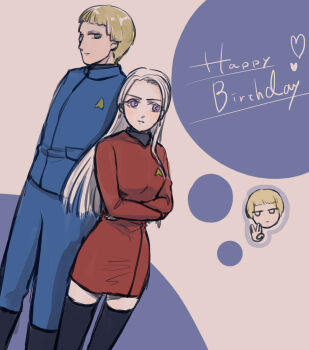 1boy 1girl black_thighhighs blonde_hair cassini-kaya chris_lightfellow closed_mouth commentary_request cosplay dress earrings english_text gensou_suikoden gensou_suikoden_iii grey_hair happy_birthday highres jewelry long_hair purple_eyes red_dress red_skirt salome_harras skirt star_trek thighhighs