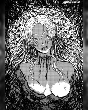 1girl bare_shoulders blood blood_from_mouth blood_on_chest breasts commentary death highres instagram_username long_hair medium_breasts nipples off_shoulder one_breast_out original pillarboxed seveninks slit_throat solo upper_body wavy_hair