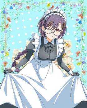 Rule 34 | 1girl, ;), absurdres, apron, black dress, black gloves, black ribbon, blue background, breasts, closed mouth, clothes lift, commentary request, cowboy shot, dress, dress lift, floral border, frilled apron, frills, glasses, gloves, grey-framed eyewear, hair ornament, highres, juliet sleeves, katsuragi izumi, kujo awenn, link! like! love live!, long sleeves, looking at viewer, love live!, maid, maid headdress, medium breasts, neck ribbon, official alternate costume, one eye closed, polka dot, polka dot background, puffy sleeves, ribbon, smile, solo, split mouth, triangle hair ornament, virtual youtuber, waist apron, white apron
