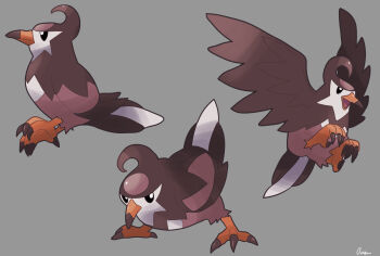 absurdres animal_focus bird black_eyes bright_pupils closed_mouth commentary_request full_body gen_4_pokemon grey_background highres nintendo no_humans open_mouth ouran pokemon pokemon_(creature) simple_background staravia white_pupils