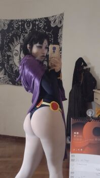 1girl amber_kai ass ass_focus black_hair black_panties cellphone cosplay dc_comics female_pervert legs one-piece_swimsuit panties pervert phone photo_(medium) presenting raven_(dc) raven_(dc)_(cosplay) real_life selfie sexually_suggestive short_hair solo swimsuit tagme teen_titans underwear