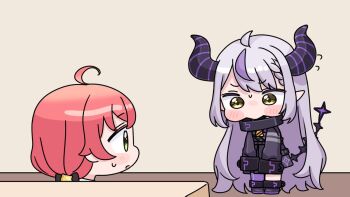 Rule 34 | 2girls, ahoge, black boots, black bow, black dress, boots, bow, braid, braided bangs, brown eyes, chibi, demon horns, dress, flying sweatdrops, green eyes, grey hair, hair bow, hololive, horns, indoors, la+ darknesss, la+ darknesss (1st costume), long hair, long sleeves, mochimiko, multicolored hair, multiple girls, pink hair, pointy ears, purple hair, purple thighhighs, sakura miko, single thighhigh, sleeves past fingers, sleeves past wrists, standing, streaked hair, thighhighs, thighhighs under boots, very long hair, virtual youtuber, yurie mouth