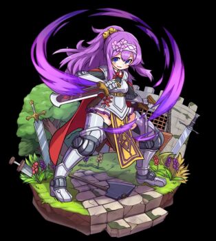 1girl armor axe bell black_background black_thighhighs blue_eyes blush breasts cloak dual_wielding flower full_body gauntlets greaves hair_between_eyes hair_flower hair_ornament hairband highres holding holding_sword holding_weapon lavender_(merc_storia) long_hair long_sleeves medium_breasts merc_storia merc_storia_art_team official_art open_mouth ponytail purple_hair red_cloak red_ribbon reverse_grip ribbon sidelocks simple_background smile solo standing sword tachi-e thighhighs thighs tree weapon