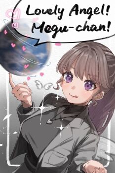 1girl :q angel_wings black_sweater blush breast_pocket breasts brown_hair commentary_request drawn_wings earth_(planet) english_text fujishima_megumi fujishima_megumi_(post-graduation) gradient_background grey_background grey_jacket grey_skirt heart heart_necklace highres hino_(hinonoq) jacket jewelry large_breasts link!_like!_love_live! long_hair love_live! necklace on_finger open_clothes open_jacket planet pocket ponytail purple_eyes skirt solo sparkle speech_bubble spinning suit_jacket sweater tongue tongue_out turtleneck turtleneck_sweater upper_body virtual_youtuber wings
