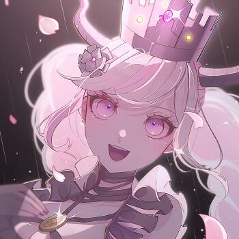 1girl black_flower black_gloves black_horns black_nails braid breasts cleavage commentary_request crown fingerless_gloves flower gloves hair_flower hair_ornament hand_on_own_chest hand_up highres horns long_hair looking_at_viewer master_detective_archives:_rain_code medium_breasts open_mouth petals pink_eyes pink_hair portrait rize_(rize0420) shinigami_(rain_code) sidelocks smile solo sparkle twin_braids