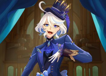 Rule 34 | 1girl, :d, ahoge, ascot, blue ascot, blue eyes, blue hair, blue hat, blue jacket, brooch, colored inner hair, commentary, furina (genshin impact), genshin impact, gloves, hat, highres, indoors, ivorye, jacket, jewelry, long sleeves, looking at viewer, multicolored hair, open mouth, short hair, smile, solo, streaked hair, top hat, upper body, white gloves, white hair