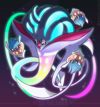 :o albrt-wlson beak black_sclera character_name closed_mouth colored_sclera commentary english_commentary evolutionary_line gen_6_pokemon highres inkay malamar mega_malamar mega_pokemon nintendo no_humans one_eye_closed open_mouth pokemon pokemon_(creature) pokemon_focus smile squid tentacles yellow_eyes