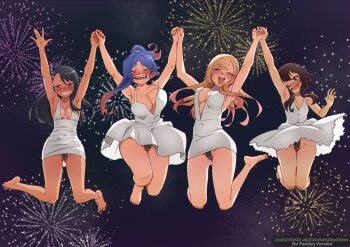 4girls absurdres animanghayo barefoot black_hair black_pantyhose blonde_hair blue_hair blush breasts cameltoe clip_studio_paint_(medium) clothes_lift crossover dark-skinned_female dark_skin dress dress_lift feet fireworks full_body gluteal_fold gradient_hair half-closed_eye highres holding_hands ijiranaide_nagatoro-san jumping kitagawa_marin kono_subarashii_sekai_ni_shukufuku_wo! large_breasts looking_at_viewer mayu_(animanghayo) megumin multicolored_hair multiple_crossover multiple_girls nagatoro_hayase nose_blush one_eye_closed orange_hair original outdoors paid_reward_available pantyhose red_eyes small_breasts sono_bisque_doll_wa_koi_wo_suru subscribestar_logo subscribestar_username tan tanline thighs toes v-shaped_eyebrows watermark web_address white_dress