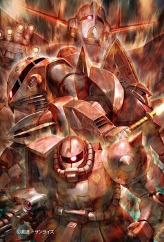 antennae claw_(weapon) claws gelgoog gelgoog_s_char_custom gun gundam holding holding_gun holding_shield holding_sword holding_weapon humanoid_robot machine machine_gun mecha mobile_suit mobile_suit_gundam morishita_naochika naoki no_humans official_art robot shield sword weapon z&#039;gok z&#039;gok_char_custom zaku_ii zaku_ii_s_char_custom zeon zeong