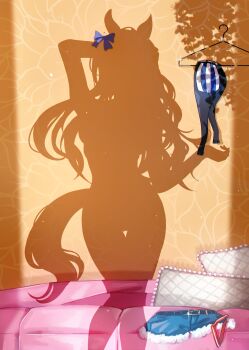 1girl absurdres animal_ears bed clothes_hanger commission doomykiwi gold_city_(umamusume) highres horse_ears horse_girl horse_tail pillow second-party_source shadow shorts solo tail thigh_gap umamusume unworn_shorts