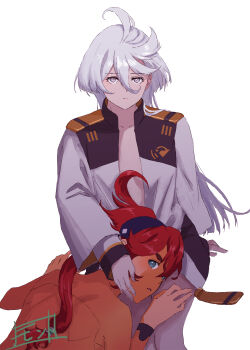 Rule 34 | 2girls, asticassia school uniform, black hairband, blue eyes, breasts, cleavage, closed mouth, commentary request, expressionless, grey eyes, gundam, gundam suisei no majo, hairband, hand on another's face, hand on another's thigh, highres, jacket, lap pillow, long hair, looking at viewer, miorine rembran, monto (user dmde2437), multiple girls, naked jacket, open clothes, open jacket, orange shirt, parted lips, ponytail, red hair, school uniform, shirt, simple background, sitting, suletta mercury, white background, white hair, white jacket, yuri