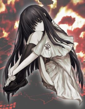 1girl ass black_eyes black_hair black_shoes black_socks capelet chan8016 closed_mouth from_side hair_between_eyes head_rest highres hugging_own_legs kneehighs knees_to_chest knees_up long_hair looking_at_viewer own_hands_together pleated_skirt school_uniform shirt shoes sitting skirt socks solo subarashiki_hibi takashima_zakuro white_capelet white_shirt white_skirt