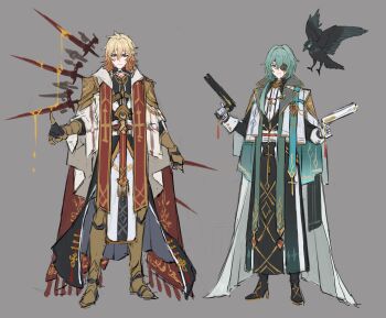 Rule 34 | 2boys, absurdres, alternate costume, anaxa (honkai: star rail), aqua cape, aqua hair, armor, armored boots, baggy pants, belt, black boots, black robe, black shirt, blonde hair, blue eyes, body markings, boots, braid, buttons, cape, chain, closed mouth, clothing cutout, commentary, cross, cross necklace, crossed bangs, crystal earrings, diamond cutout, dual wielding, earrings, empty eyes, eyepatch, eyeshadow, facial mark, full body, gauntlets, gloves, gold armor, gold chain, gold trim, gradient hair, grey background, grey cape, gun, hair between eyes, hair ornament, hair tubes, hand up, handgun, high heel boots, high heels, highres, holding, holding gun, holding weapon, honkai: star rail, honkai (series), hood, hooded cape, jacket, jewelry, lapels, long hair, long sleeves, looking at viewer, low ponytail, makeup, male focus, medium hair, multicolored eyes, multicolored hair, multiple boys, mydei (honkai: star rail), necklace, open clothes, open jacket, pants, papajay (jennygin2), ponytail, purple eyes, purple pupils, red belt, red cape, red eyeshadow, red hair, robe, shirt, shoulder armor, simple background, single braid, single earring, single hair tube, standing, tassel, teeth, two-sided cape, two-sided fabric, two-tone hair, untranslatable commentary, v-shaped eyebrows, weapon, white belt, white cape, white gloves, white jacket, white pants, white shirt, yellow eyes