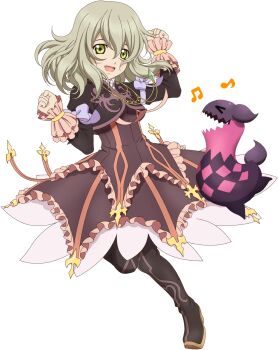 Rule 34 | 1girl, artist request, black boots, blonde hair, boots, bow, clenched hands, commentary, creature, cropped jacket, dancing, doll, dress, elize lutus, frills, full body, game cg, green eyes, highres, jewelry, looking at viewer, medium hair, music, official art, open mouth, pendant, purple bow, purple dress, purple ribbon, ribbon, singing, smile, solo, tales of (series), tales of asteria, tales of xillia, teepo (tales), third-party source, transparent background