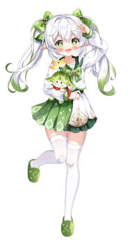 Rule 34 | 1girl, aranara (genshin impact), bow, commentary request, cross-shaped pupils, full body, genshin impact, green bow, green skirt, hair ornament, highres, leaf hair ornament, leaf print, long hair, long sleeves, nahida (genshin impact), open mouth, pointy ears, sailor collar, shirt, skirt, smile, symbol-shaped pupils, thighhighs, twintails, white background, white shirt, white thighhighs