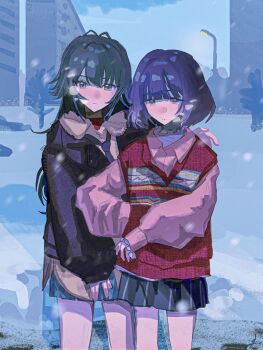 Rule 34 | 2girls, absurdres, black coat, black necktie, black skirt, blue skirt, blunt bangs, blush, bob cut, building, closed mouth, coat, collared shirt, commentary request, cowboy shot, gakuen idolmaster, green eyes, green hair, grey eyes, grey sky, hair flaps, hand on another's shoulder, hataya misuzu, highres, idolmaster, lamppost, long hair, long sleeves, looking at viewer, mole, mole under mouth, multiple girls, necktie, nose blush, outdoors, pink shirt, puffy long sleeves, puffy sleeves, purple hair, red shirt, red vest, shirt, short hair, skirt, sky, sleeves past wrists, snow, snowing, standing, tsukimura temari, untucked shirt, uzume (uzm0), vest, white shirt