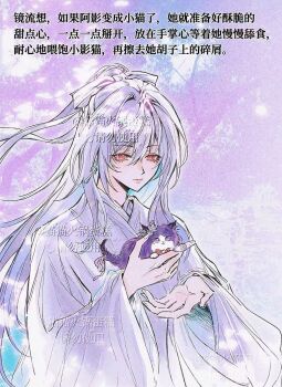 1girl animal animalization artist_name bow bowtie cat chinese_clothes chinese_text closed_mouth eyeliner bad_tag genshin_impact gradient_background grey_hair hair_between_eyes hair_ornament highres holding holding_animal honkai:_star_rail honkai_(series) in-franchise_crossover jingliu_(honkai:_star_rail) long_hair long_sleeves makeup meowhpcake mole mole_under_eye multicolored_hair person_and_animalization pink_lips purple_eyes raiden_shogun red_bow red_bowtie red_eyeliner red_eyes ribbon robe standing tail tail_ornament tail_ribbon translation_request watermark wide_sleeves