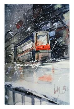 border fence highres ice kong_tiao_bo_zi lamppost night no_humans original outdoors painting_(medium) scenery signature sky snow snowing traditional_media train train_station_platform watercolor_(medium) white_border winter