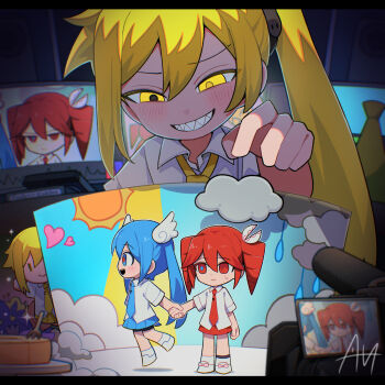 akita_neru alternate_costume baumkuchen_endroll blonde_hair blue_eyes blue_hair blue_necktie blue_skirt chibi closed_mouth cloud collared_shirt commentary_request day drill_hair grin hatsune_miku heart highres holding_hands kasane_teto long_hair miniskirt mismatched_pupils monitor necktie open_mouth outdoors rain red_eyes red_hair red_necktie red_skirt sato_(r017xts117) shirt shoes short_sleeves side_ponytail signature skirt smile sun twin_drills twintails vocaloid white_shirt white_shoes yellow_eyes yellow_necktie